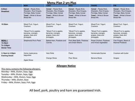 All beef, pork, poultry and ham are guaranteed Irish.