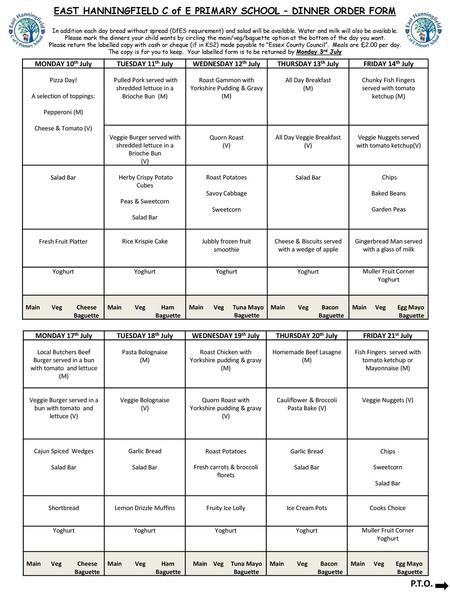 EAST HANNINGFIELD C of E PRIMARY SCHOOL – DINNER ORDER FORM