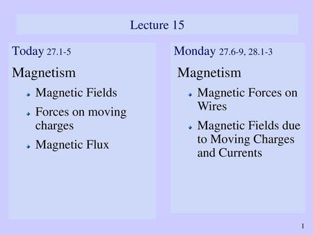 Magnetism Magnetism Lecture 15 Today Magnetic Fields