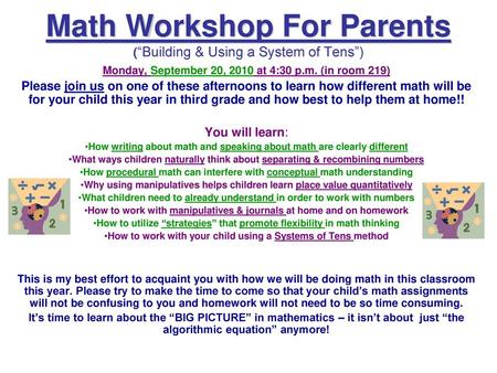 Math Workshop For Parents (“Building & Using a System of Tens”)