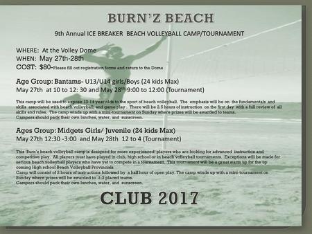 9th Annual ICE BREAKER BEACH VOLLEYBALL CAMP/TOURNAMENT