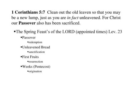 The Spring Feast’s of the LORD (appointed times) Lev. 23