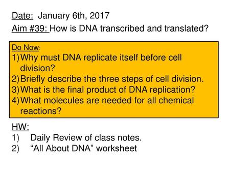 Aim #39: How is DNA transcribed and translated?