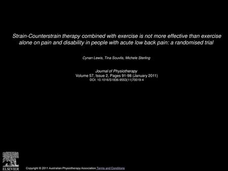 Strain-Counterstrain therapy combined with exercise is not more effective than exercise alone on pain and disability in people with acute low back pain: