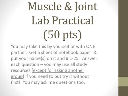 Muscle & Joint Lab Practical (50 pts)