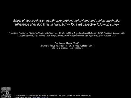 Effect of counselling on health-care-seeking behaviours and rabies vaccination adherence after dog bites in Haiti, 2014–15: a retrospective follow-up.