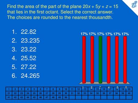 Find the area of the part of the plane 20x + 5y + z = 15 that lies in the first octant. Select the correct answer. The choices are rounded to the nearest.