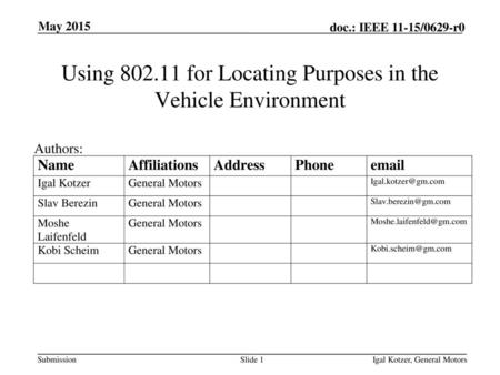 Using for Locating Purposes in the Vehicle Environment