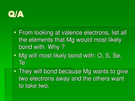 Q/A From looking at valence electrons, list all the elements that Mg would most likely bond with. Why ? Mg will most likely bond with: O, S, Se, Te They.