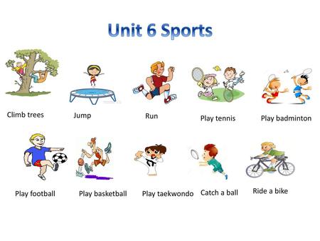 Unit 6 Sports Climb trees Jump Run Play tennis Play badminton