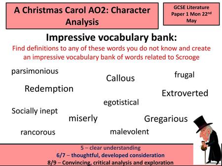 A Christmas Carol AO2: Character Analysis Impressive vocabulary bank: