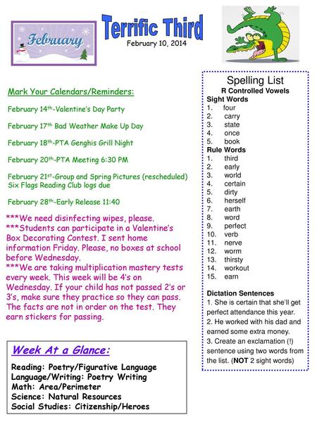 Terrific Third Spelling List Week At a Glance: