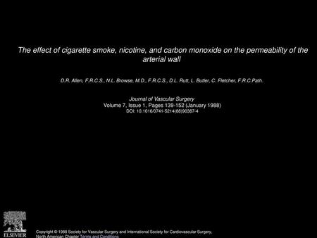 The effect of cigarette smoke, nicotine, and carbon monoxide on the permeability of the arterial wall  D.R. Allen, F.R.C.S., N.L. Browse, M.D., F.R.C.S.,