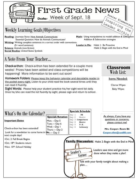 Weekly Learning Goals/Objectives