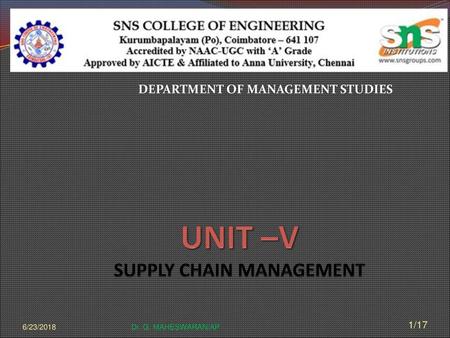 UNIT –V SUPPLY CHAIN MANAGEMENT