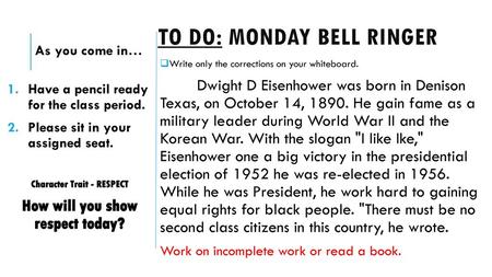 To Do: monday bell ringer