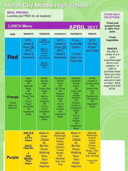 OTHER DAILY SELECTIONS: *Fresh and canned Fruits & 100% Fruit Juice