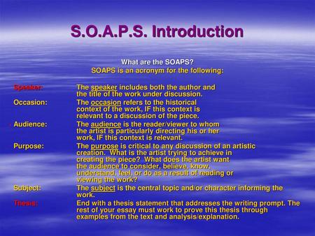 SOAPS is an acronym for the following: