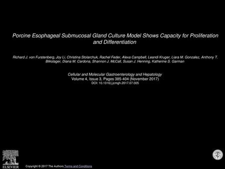 Porcine Esophageal Submucosal Gland Culture Model Shows Capacity for Proliferation and Differentiation  Richard J. von Furstenberg, Joy Li, Christina.