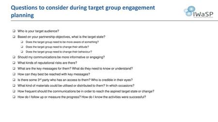 Questions to consider during target group engagement planning