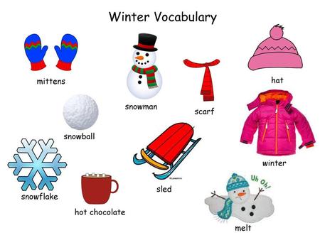 Winter Vocabulary mittens hat snowman scarf snowball winter sled