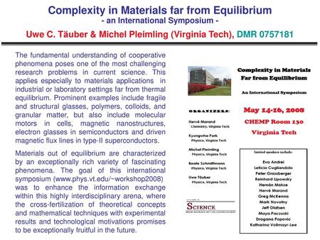 Complexity in Materials far from Equilibrium - an International Symposium - Uwe C. Täuber & Michel Pleimling (Virginia Tech), DMR 0757181 The fundamental.