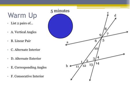 Warm Up 5 minutes c d List 2 pairs of… A. Vertical Angles