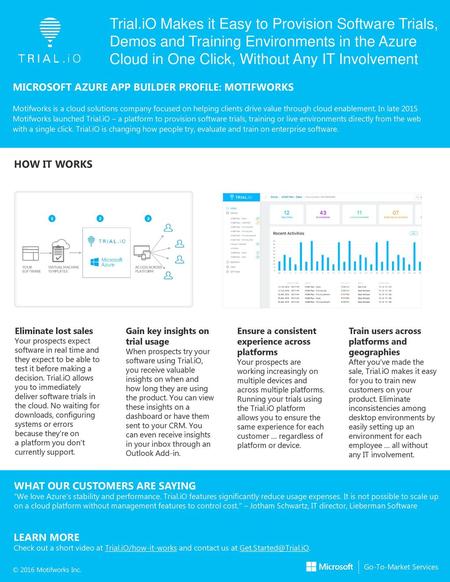 Trial.iO Makes it Easy to Provision Software Trials, Demos and Training Environments in the Azure Cloud in One Click, Without Any IT Involvement MICROSOFT.