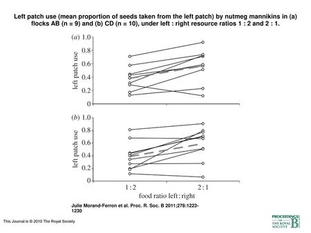 Left patch use (mean proportion of seeds taken from the left patch) by nutmeg mannikins in (a) flocks AB (n = 9) and (b) CD (n = 10), under left : right.