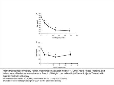 Fig. 1. Effect of bariatric surgery on BMI and plasma leptin concentration. BMI (A) and plasma leptin concentrations (B) were determined in 27 morbidly.