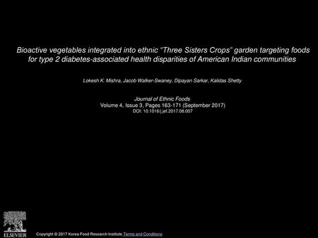 Bioactive vegetables integrated into ethnic “Three Sisters Crops” garden targeting foods for type 2 diabetes-associated health disparities of American.