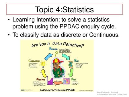 Topic 4:Statistics Learning Intention: to solve a statistics problem using the PPDAC enquiry cycle. To classify data as discrete or Continuous. Success.