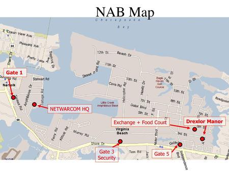 NAB Map Gate 1 NETWARCOM HQ Drexlor Manor Exchange + Food Court Gate 3