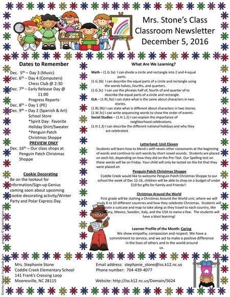 Mrs. Stone’s Class Classroom Newsletter December 5, 2016