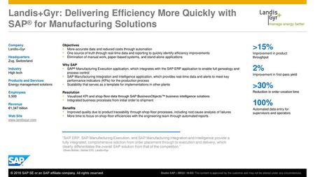 Landis+Gyr: Delivering Efficiency More Quickly with SAP® for Manufacturing Solutions Company Landis+Gyr Headquarters ​Zug, Switzerland Industry ​High.