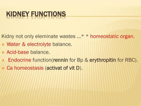 Kidney functions Kidny not only eleminate wastes …* * homeostatic organ. Water & electrolyte balance. Acid-base balance. Endocrine function(rennin for.