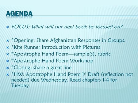 AGENDA FOCUS: What will our next book be focused on?