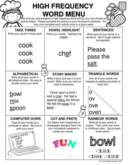 bowl HIGH FREQUENCY WORD MENU cook chef Please pass the salt. bowl mix