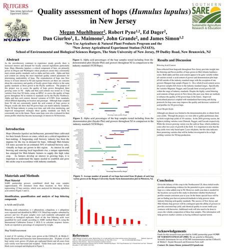 Quality assessment of hops (Humulus lupulus) grown in New Jersey Megan Muehlbauer2, Robert Pyne1,2, Ed Dager2, Dan Giurleo1, L. Maimone2, John Grande2,