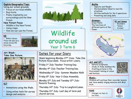 Wildlife around us Year 3 Term 6 Dates for your Diary