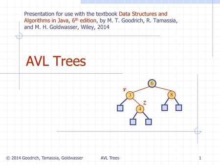 AVL Trees 6/25/2018 Presentation for use with the textbook Data Structures and Algorithms in Java, 6th edition, by M. T. Goodrich, R. Tamassia, and M.