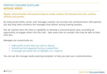 POSITIVE COACHING SCOTLAND MESSAGE WEEKS