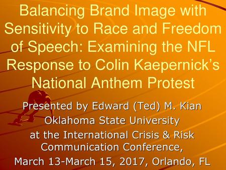 Balancing Brand Image with Sensitivity to Race and Freedom of Speech: Examining the NFL Response to Colin Kaepernick’s National Anthem Protest Presented.