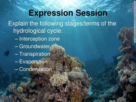 Expression Session Explain the following stages/terms of the hydrological cycle: Interception zone Groundwater Transpiration Evaporation Condensation.