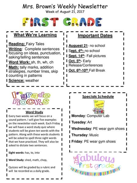 Mrs. Brown’s Weekly Newsletter Week of August 21, 2017