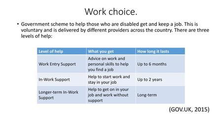 Work choice. Government scheme to help those who are disabled get and keep a job. This is voluntary and is delivered by different providers across the.