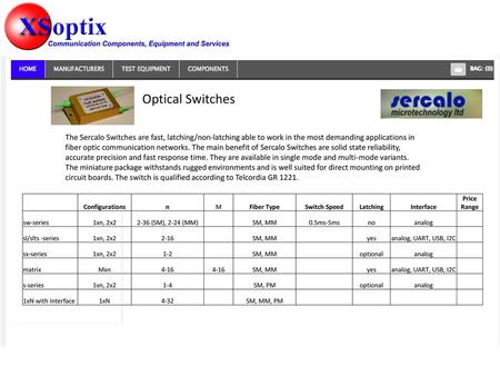 Optical Switches The Sercalo Switches are fast, latching/non-latching able to work in the most demanding applications in fiber optic communication networks.