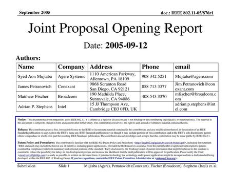 Joint Proposal Opening Report