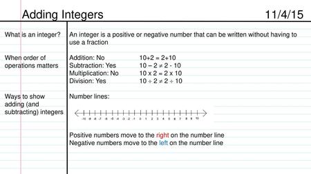 11/4/15 Adding Integers What is an integer?