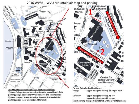 WVSB – WVU Mountainlair map and parking Maiden is One Way